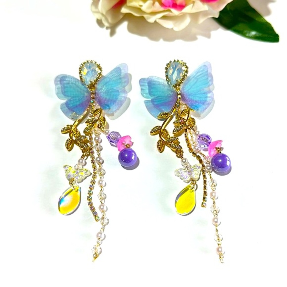 Blue Butterfly Drop Earring Crystal Long Tassel Chain Rhinestone